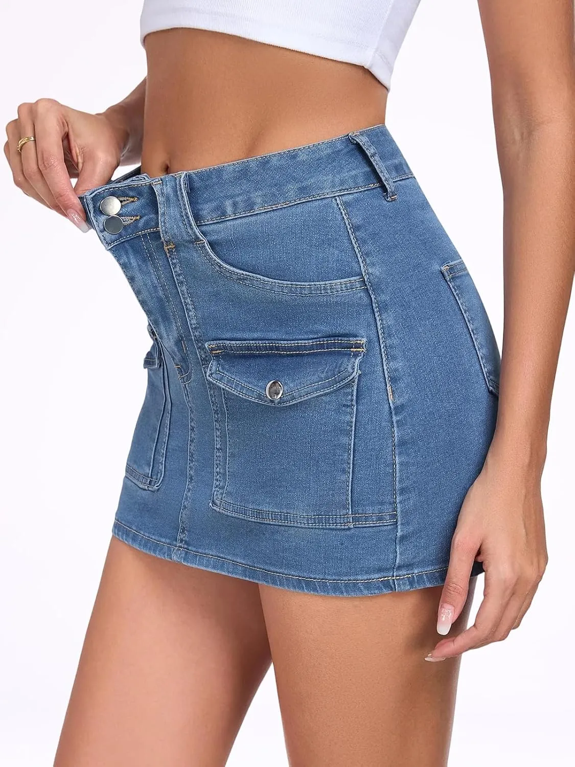 2025 Women's Stretchy Denim Skirt High Waisted Cargo Skirt Y2k Casual Mini Skirt Cute Jean Skirt with Pockets