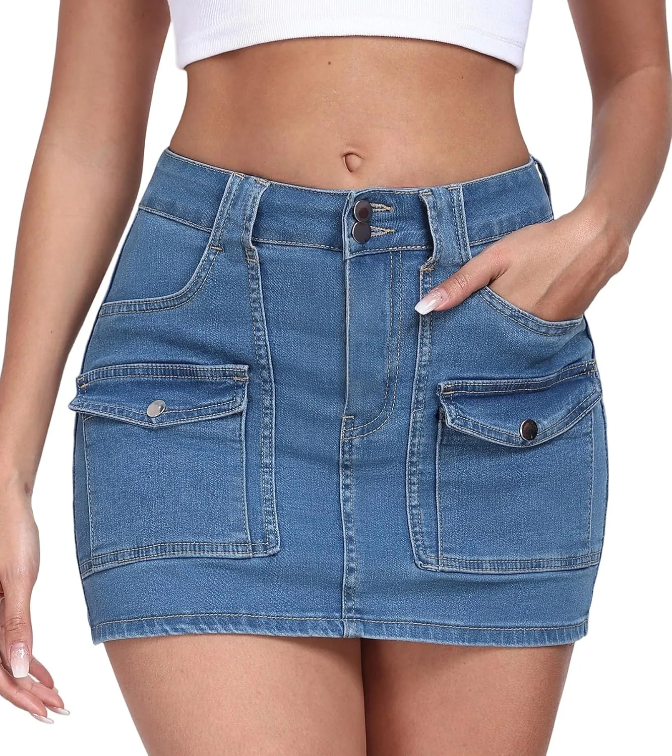 2025 Women's Stretchy Denim Skirt High Waisted Cargo Skirt Y2k Casual Mini Skirt Cute Jean Skirt with Pockets