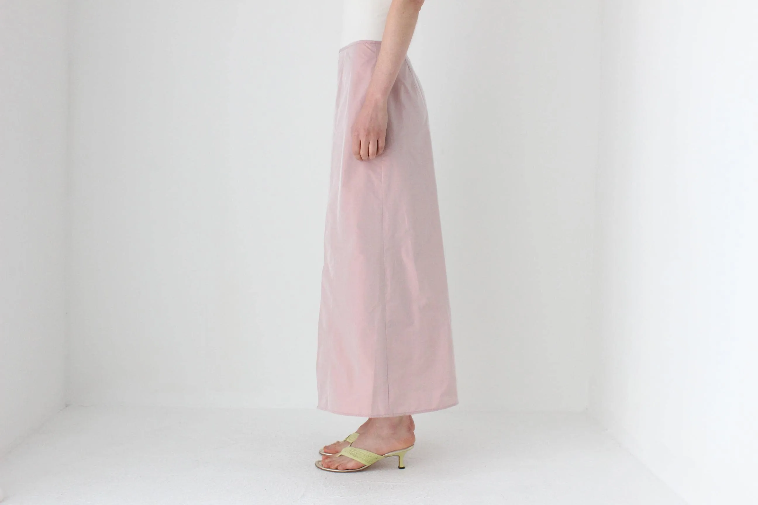 90s Pastel Pink Iridescent Taffeta A-Line Midi Skirt