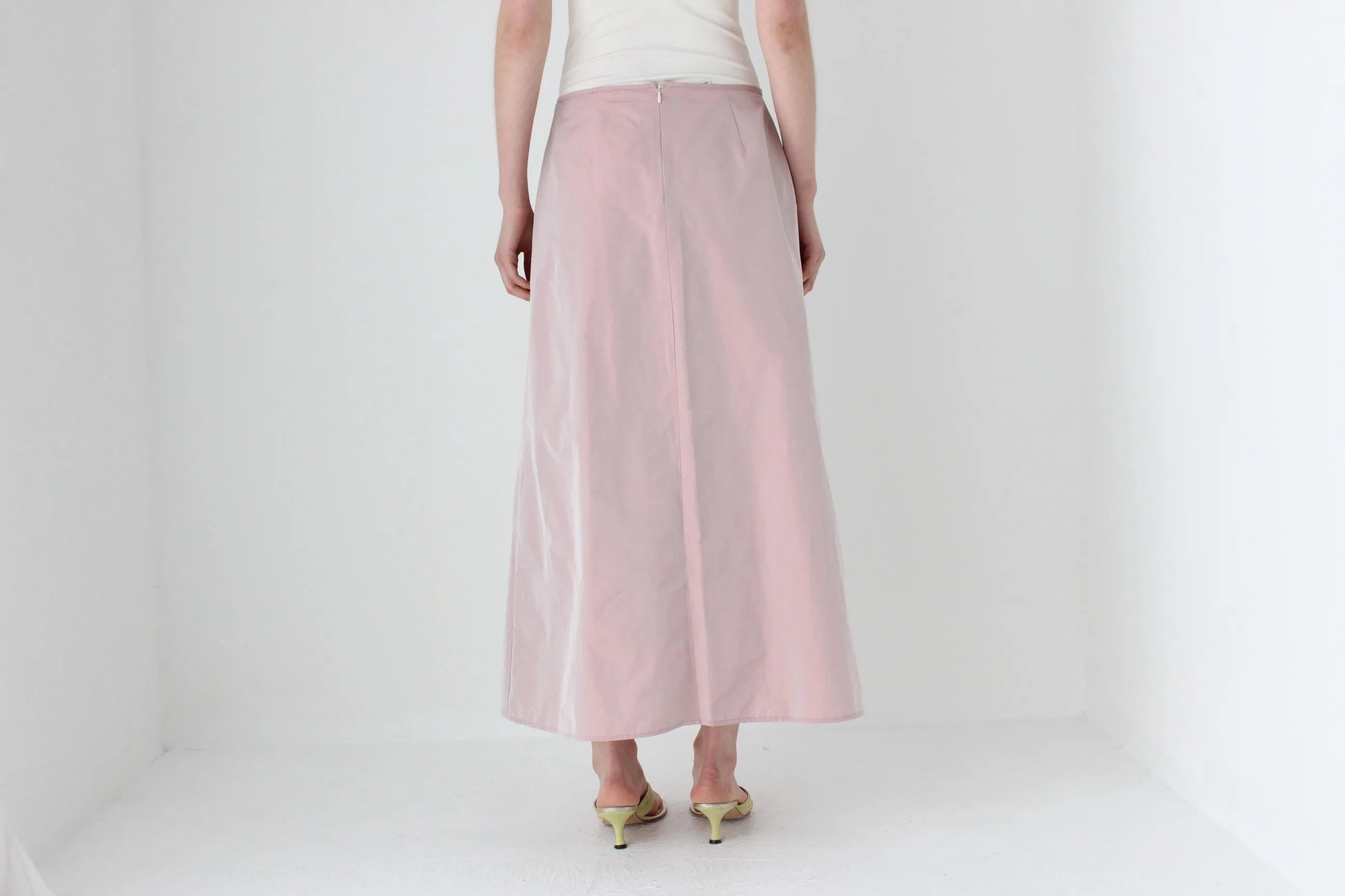 90s Pastel Pink Iridescent Taffeta A-Line Midi Skirt