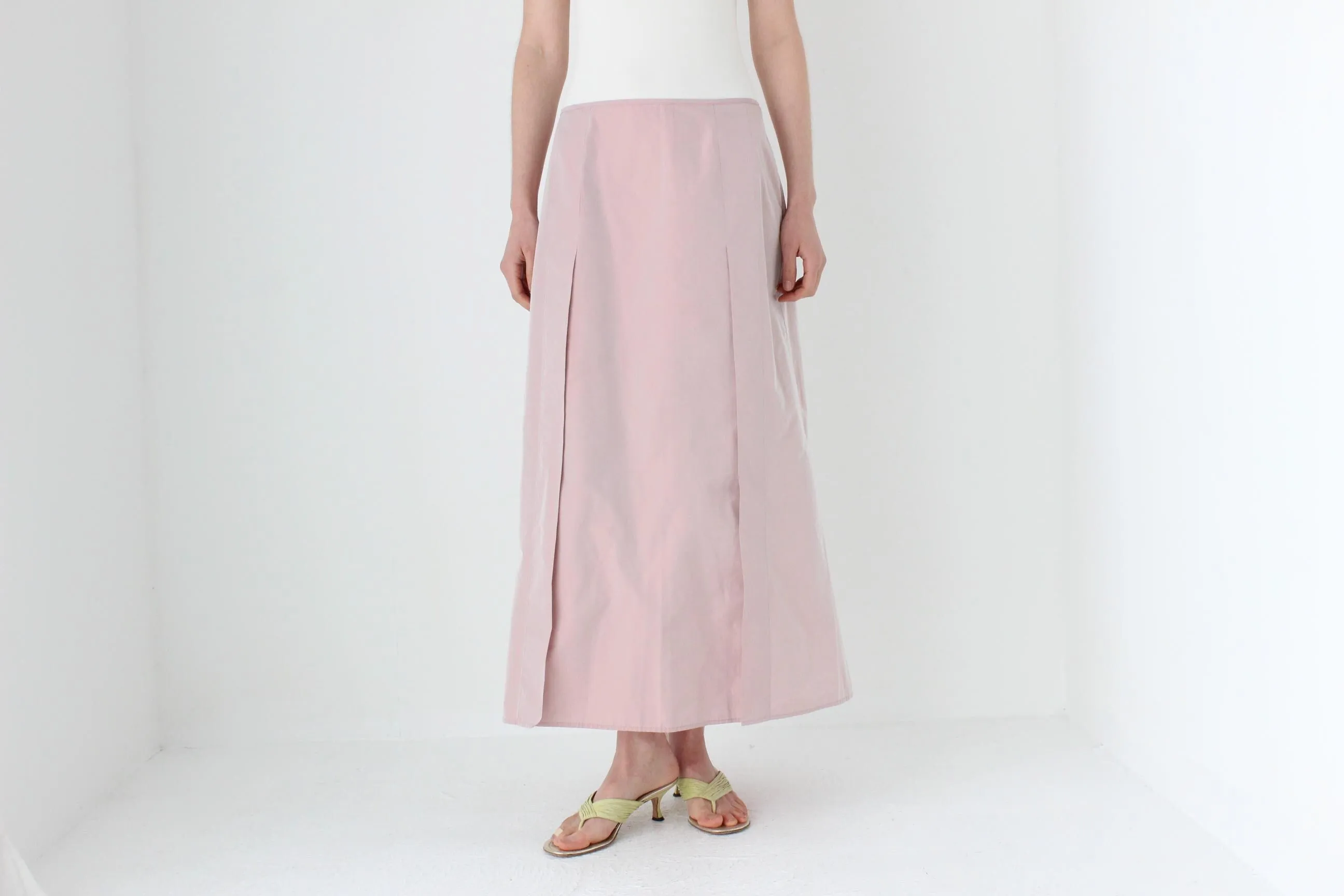 90s Pastel Pink Iridescent Taffeta A-Line Midi Skirt