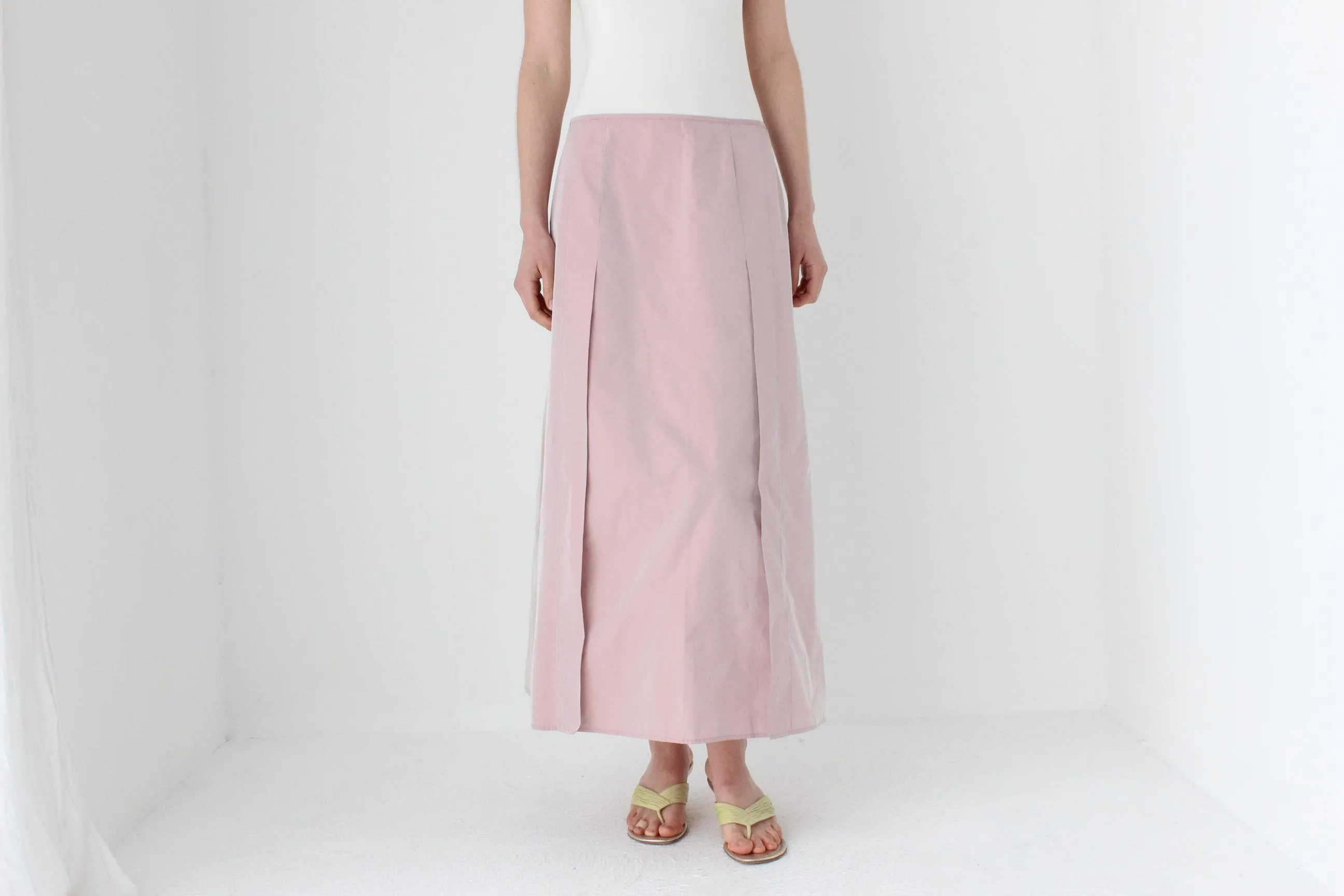 90s Pastel Pink Iridescent Taffeta A-Line Midi Skirt