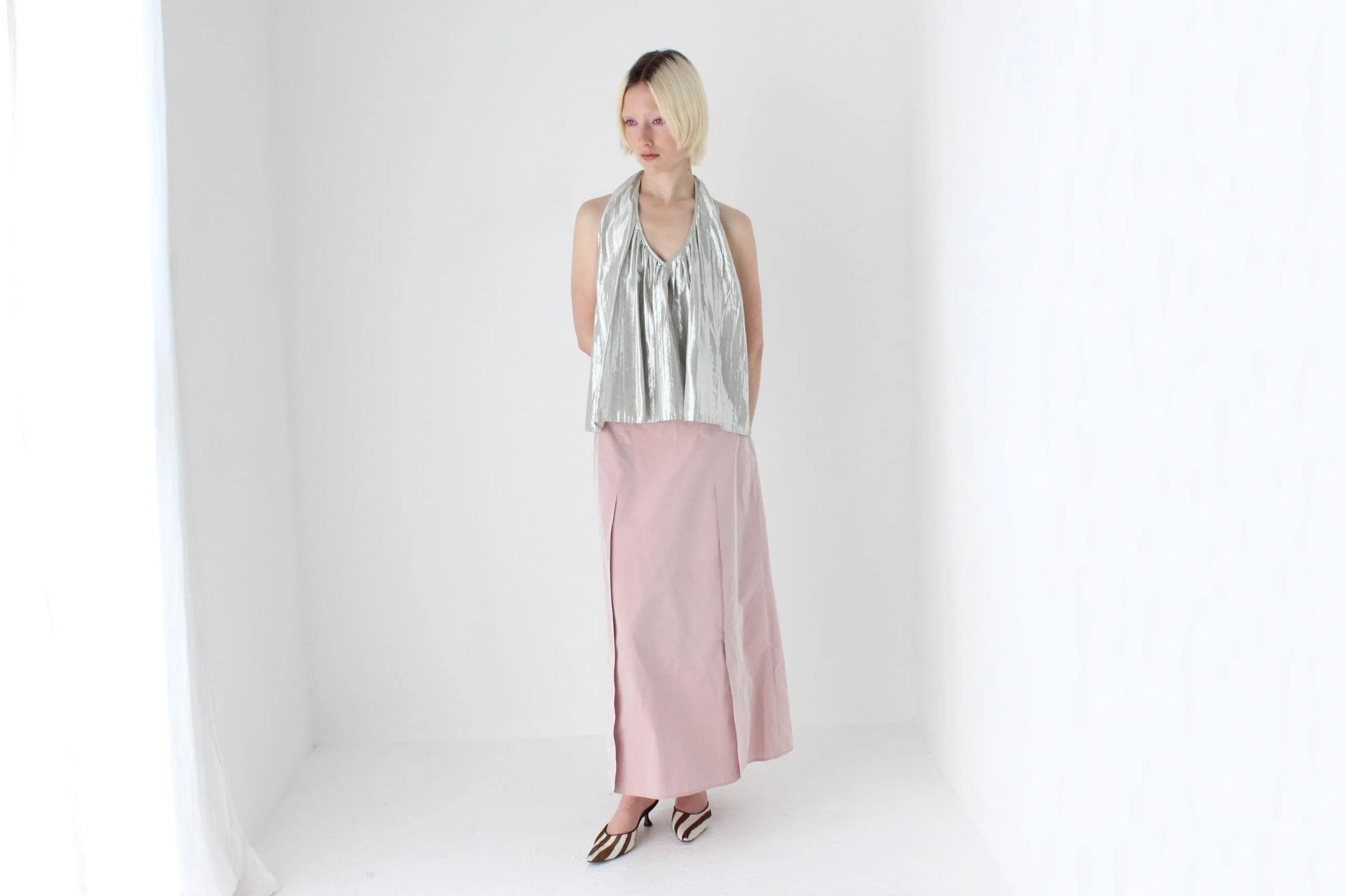 90s Pastel Pink Iridescent Taffeta A-Line Midi Skirt