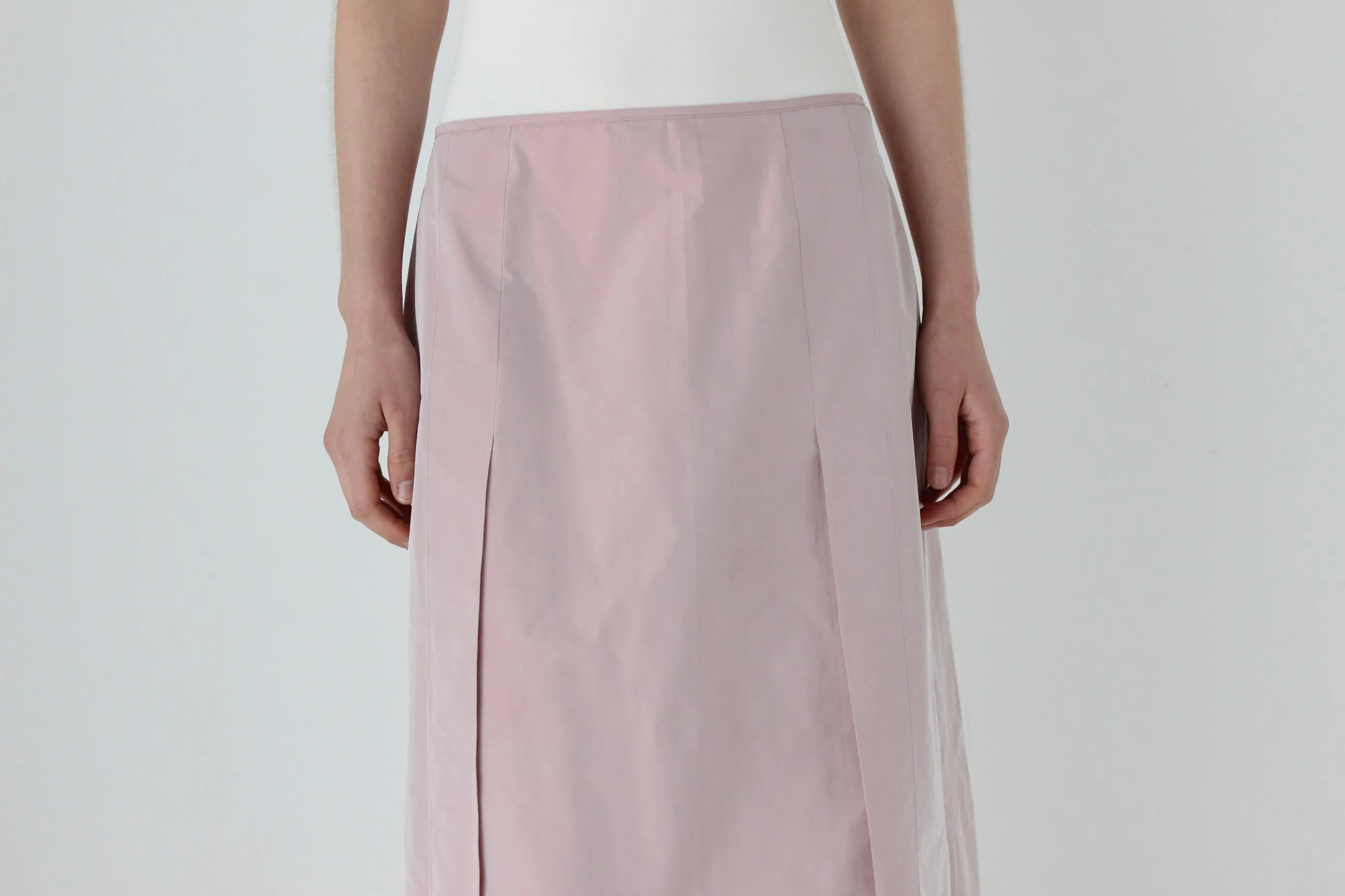 90s Pastel Pink Iridescent Taffeta A-Line Midi Skirt