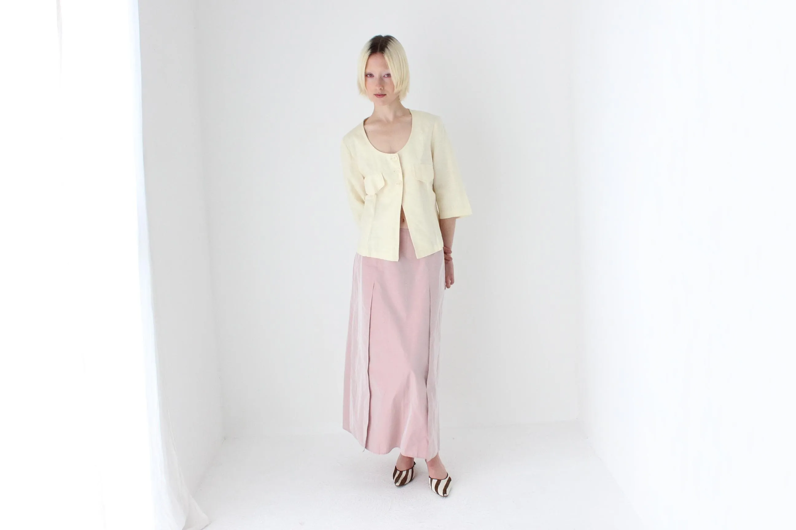90s Pastel Pink Iridescent Taffeta A-Line Midi Skirt