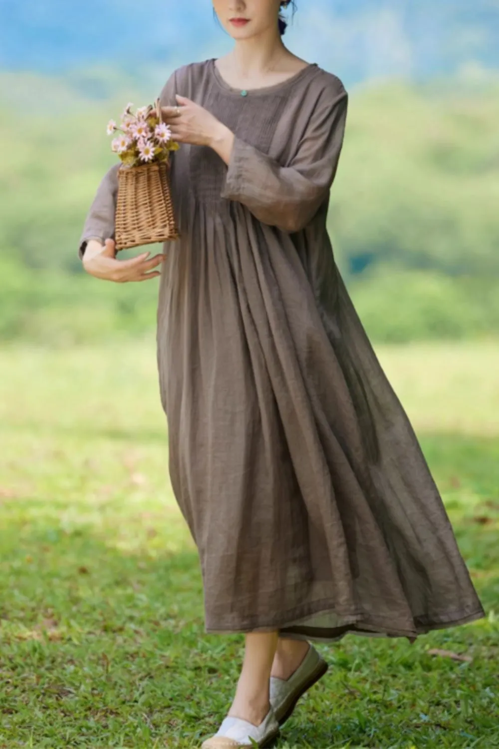 A line loose fitting womens linen dress 4834