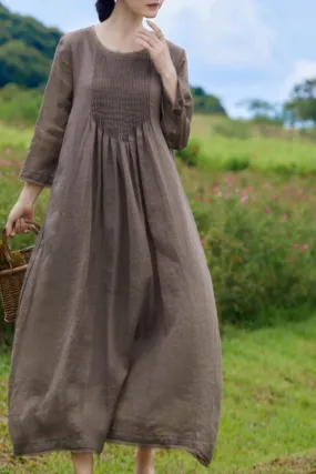 A line loose fitting womens linen dress 4834