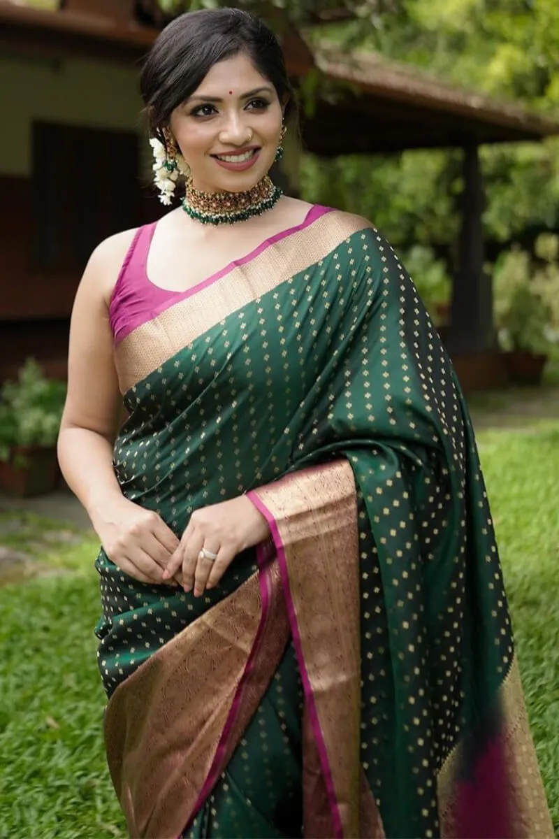 Adorning Dark Green Soft Silk Saree With Glorious Blouse Piece