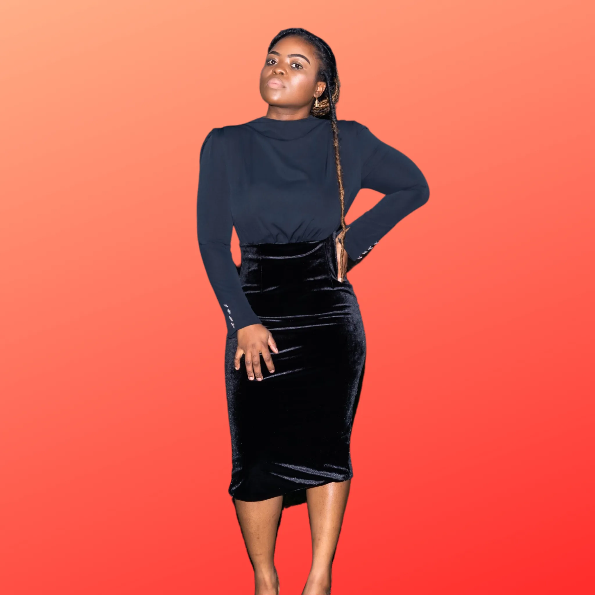 Black Velvet Gathered Shoulder Pad Midi  Dress