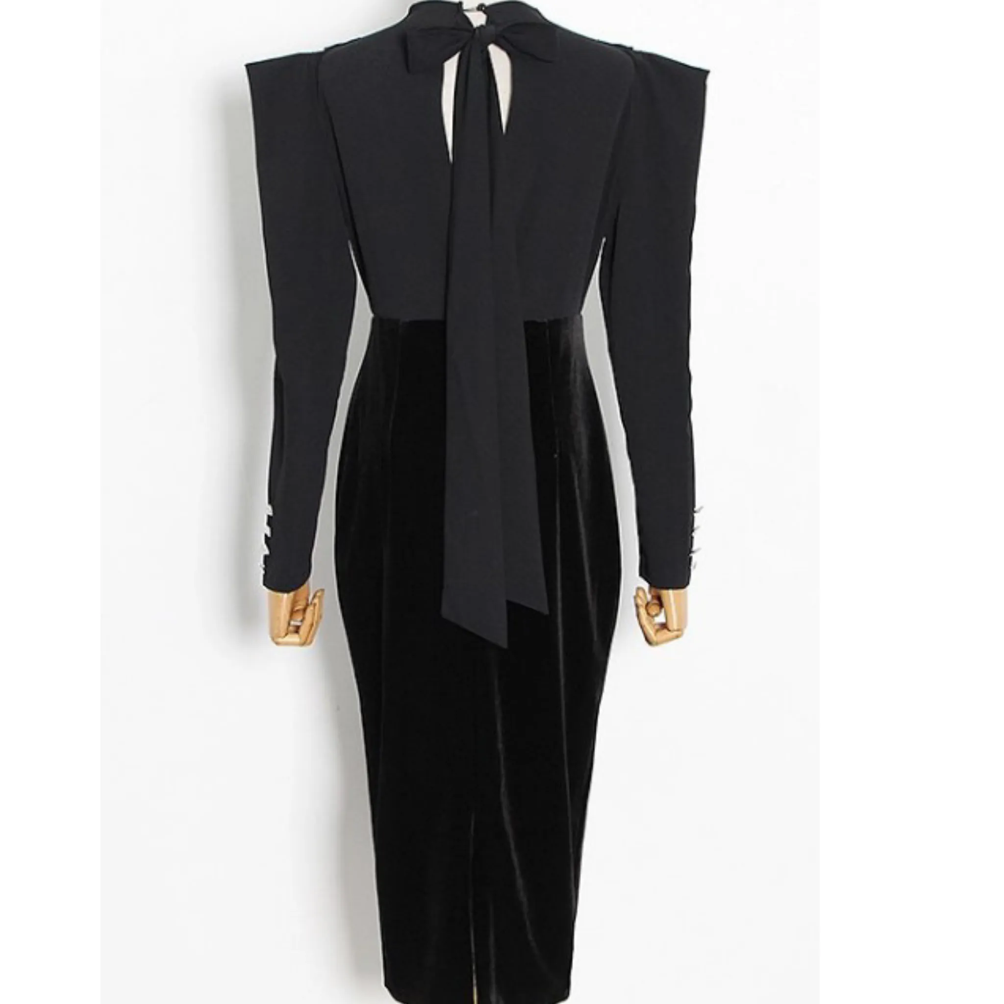 Black Velvet Gathered Shoulder Pad Midi  Dress