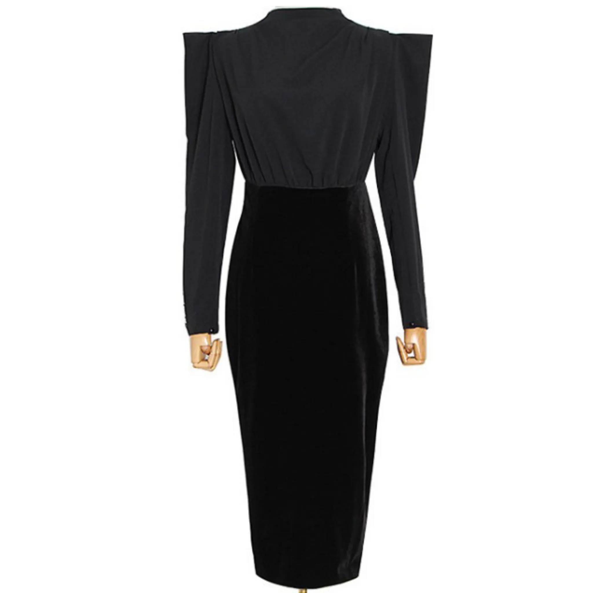 Black Velvet Gathered Shoulder Pad Midi  Dress