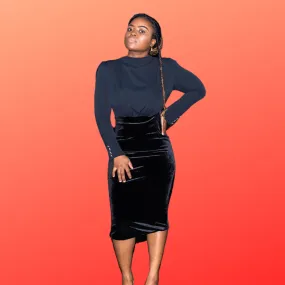 Black Velvet Gathered Shoulder Pad Midi  Dress