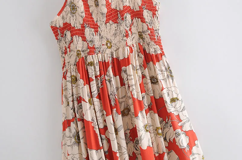 Boho Maxi Dress, Strappy, Red Peony