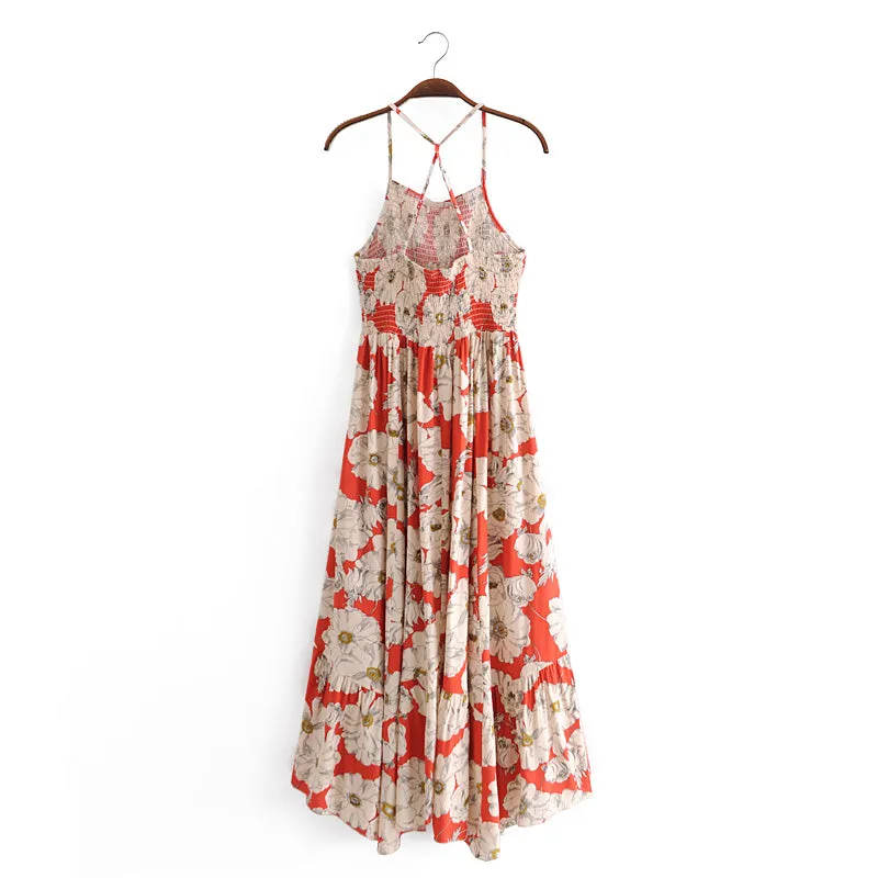 Boho Maxi Dress, Strappy, Red Peony