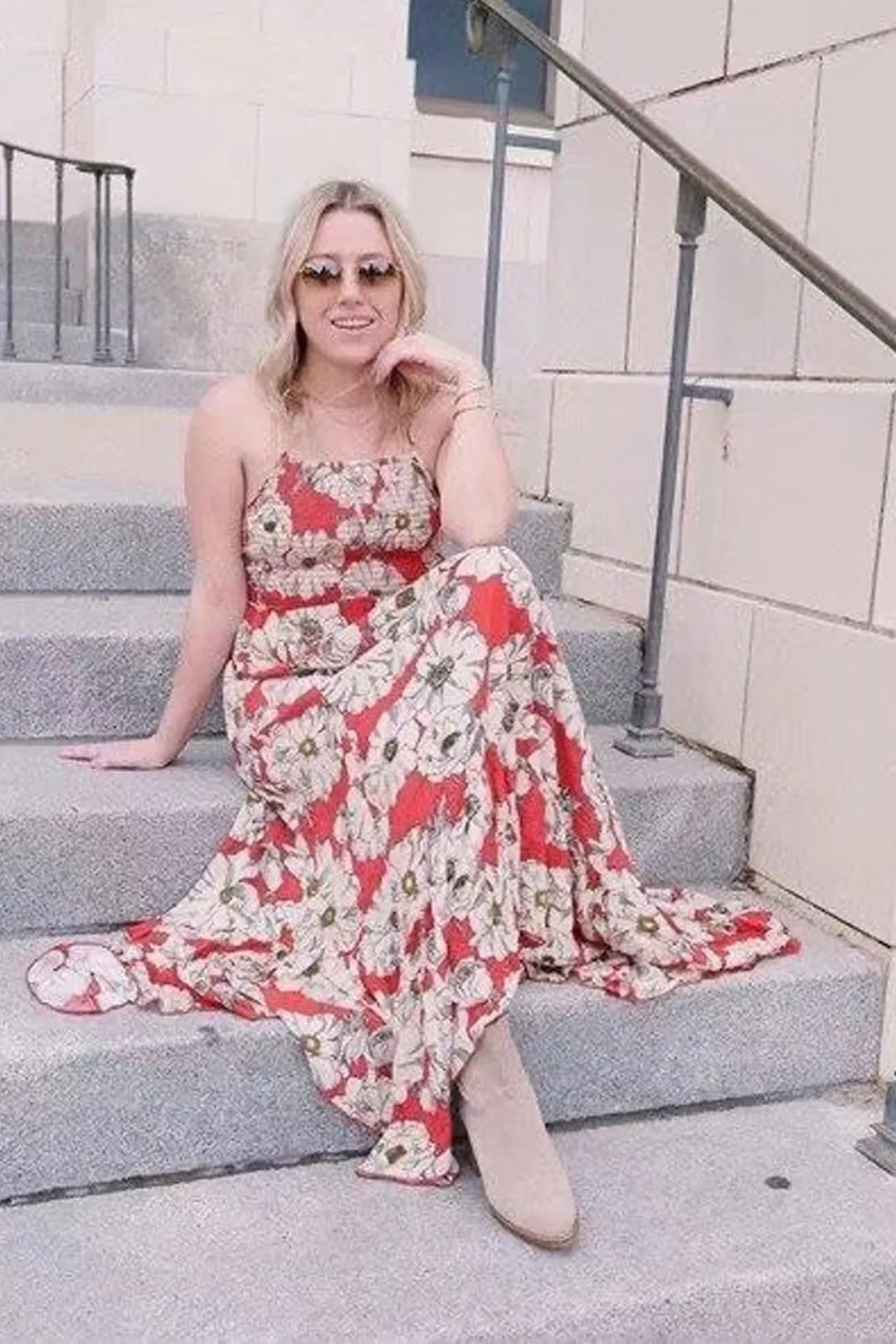 Boho Maxi Dress, Strappy, Red Peony