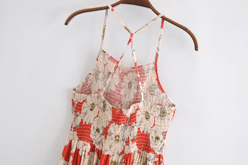 Boho Maxi Dress, Strappy, Red Peony