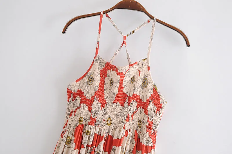 Boho Maxi Dress, Strappy, Red Peony