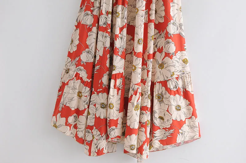 Boho Maxi Dress, Strappy, Red Peony