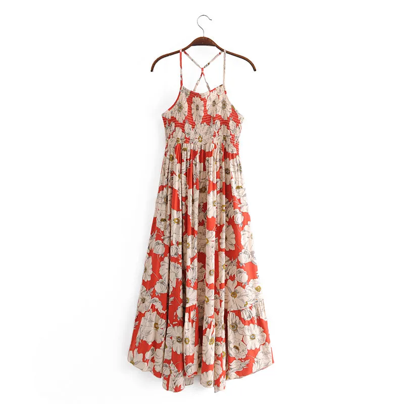 Boho Maxi Dress, Strappy, Red Peony
