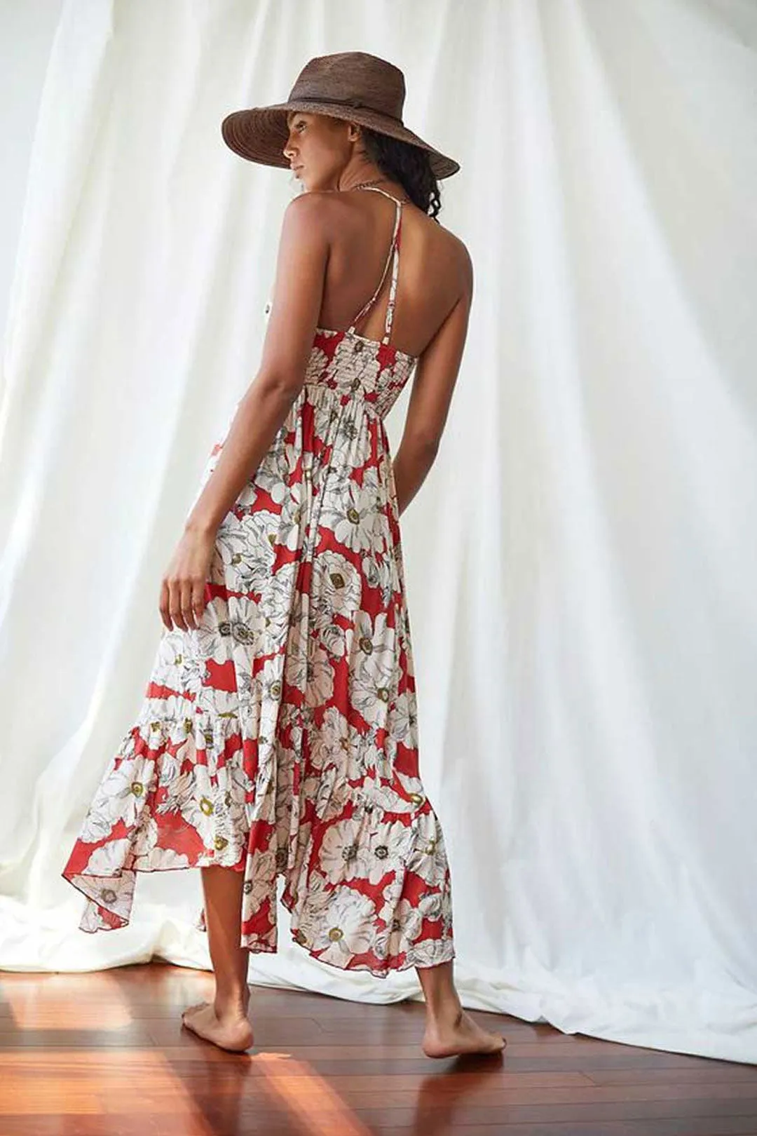 Boho Maxi Dress, Strappy, Red Peony