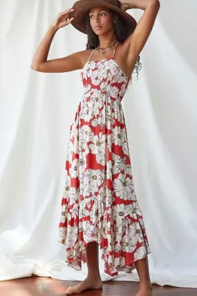 Boho Maxi Dress, Strappy, Red Peony