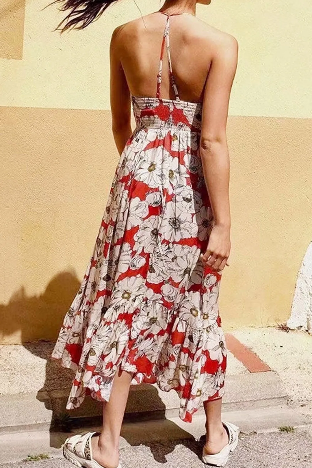 Boho Maxi Dress, Strappy, Red Peony