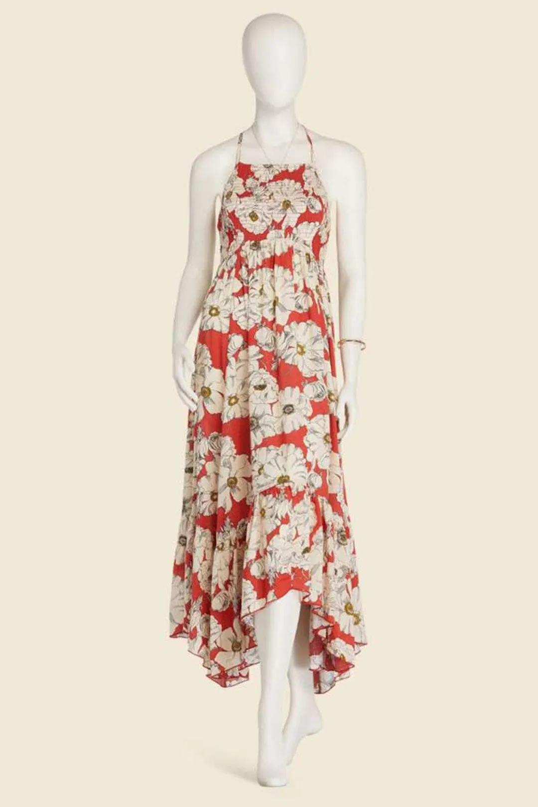 Boho Maxi Dress, Strappy, Red Peony