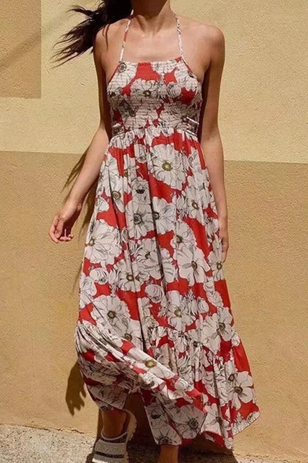 Boho Maxi Dress, Strappy, Red Peony