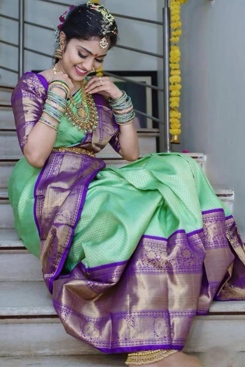 Breathtaking Sea Green Soft Silk Saree With Epiphany Blouse Piece