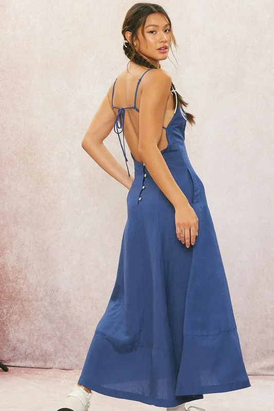 Britton Sleeveless Open Back Linen Maxi Dress Navy