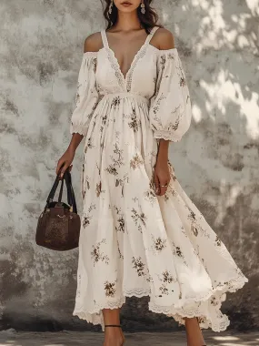 Casual Holiday V-neck Off-shoulder Lace Patchwork Floral Maxi Dress