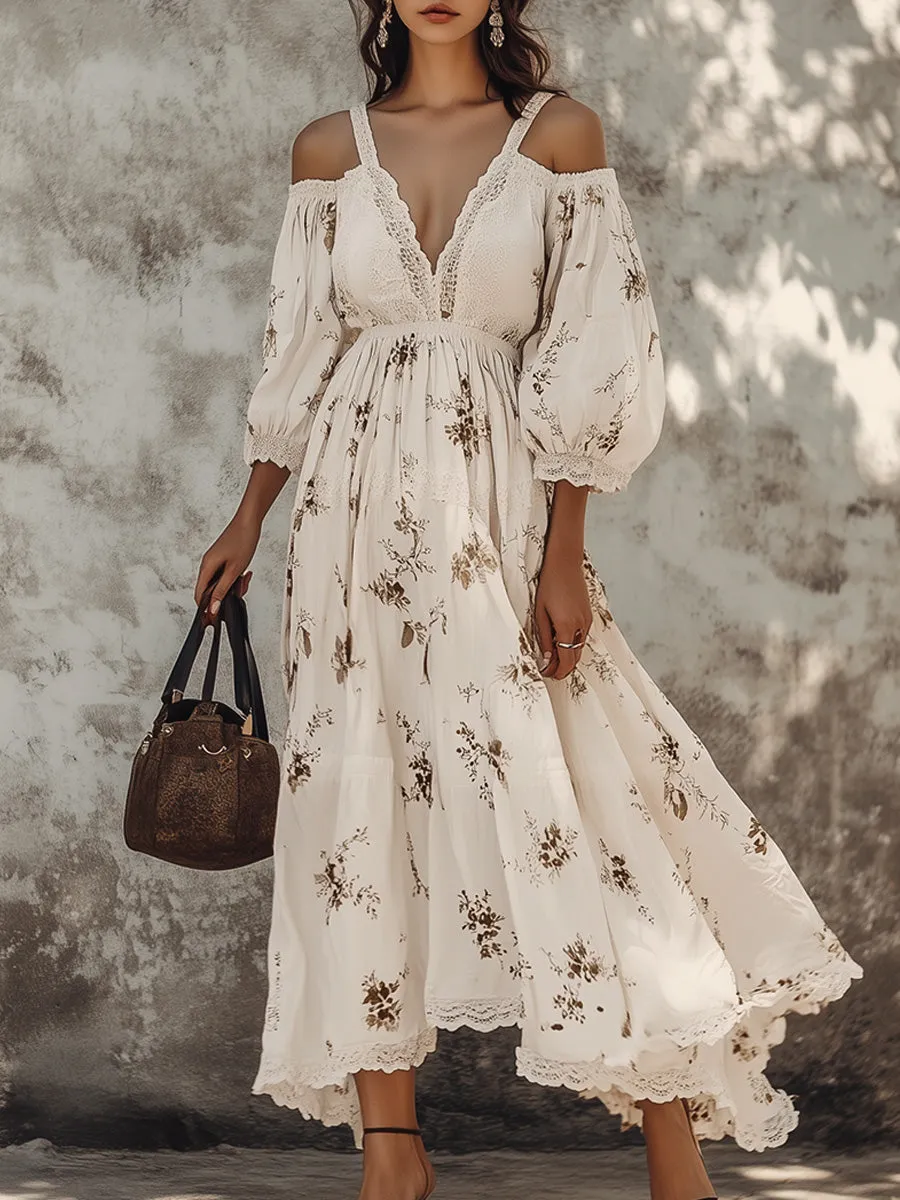 Casual Holiday V-neck Off-shoulder Lace Patchwork Floral Maxi Dress