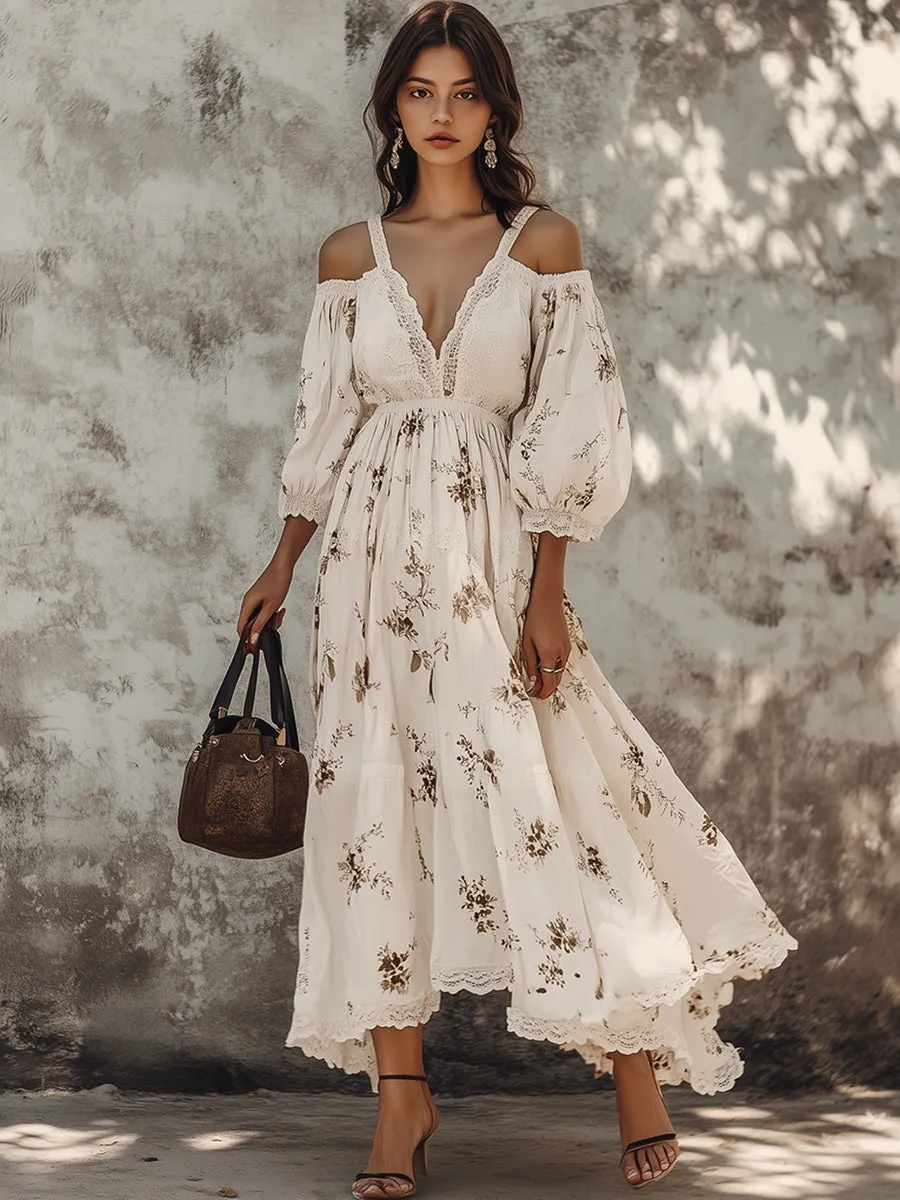 Casual Holiday V-neck Off-shoulder Lace Patchwork Floral Maxi Dress