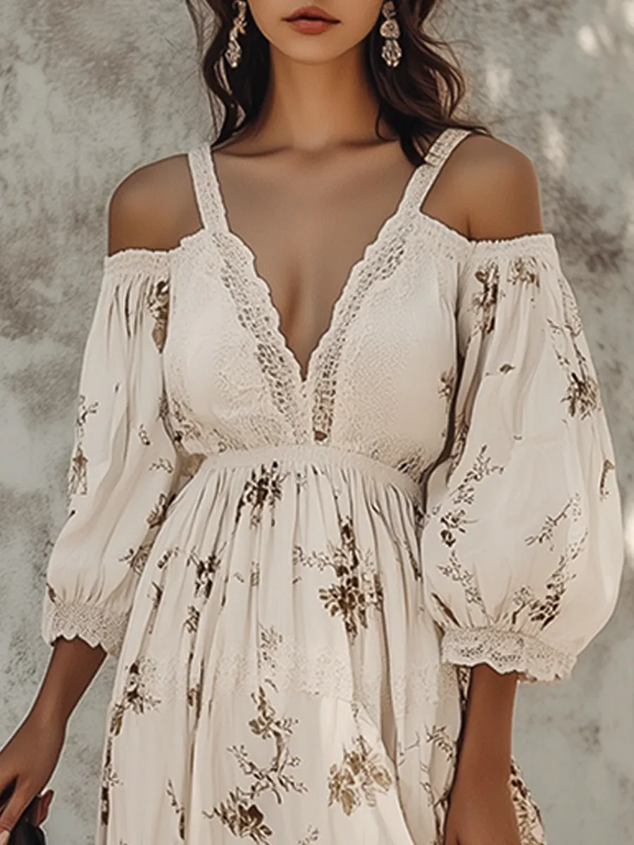 Casual Holiday V-neck Off-shoulder Lace Patchwork Floral Maxi Dress