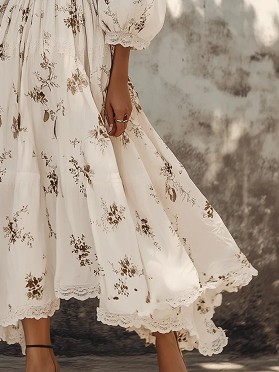 Casual Holiday V-neck Off-shoulder Lace Patchwork Floral Maxi Dress