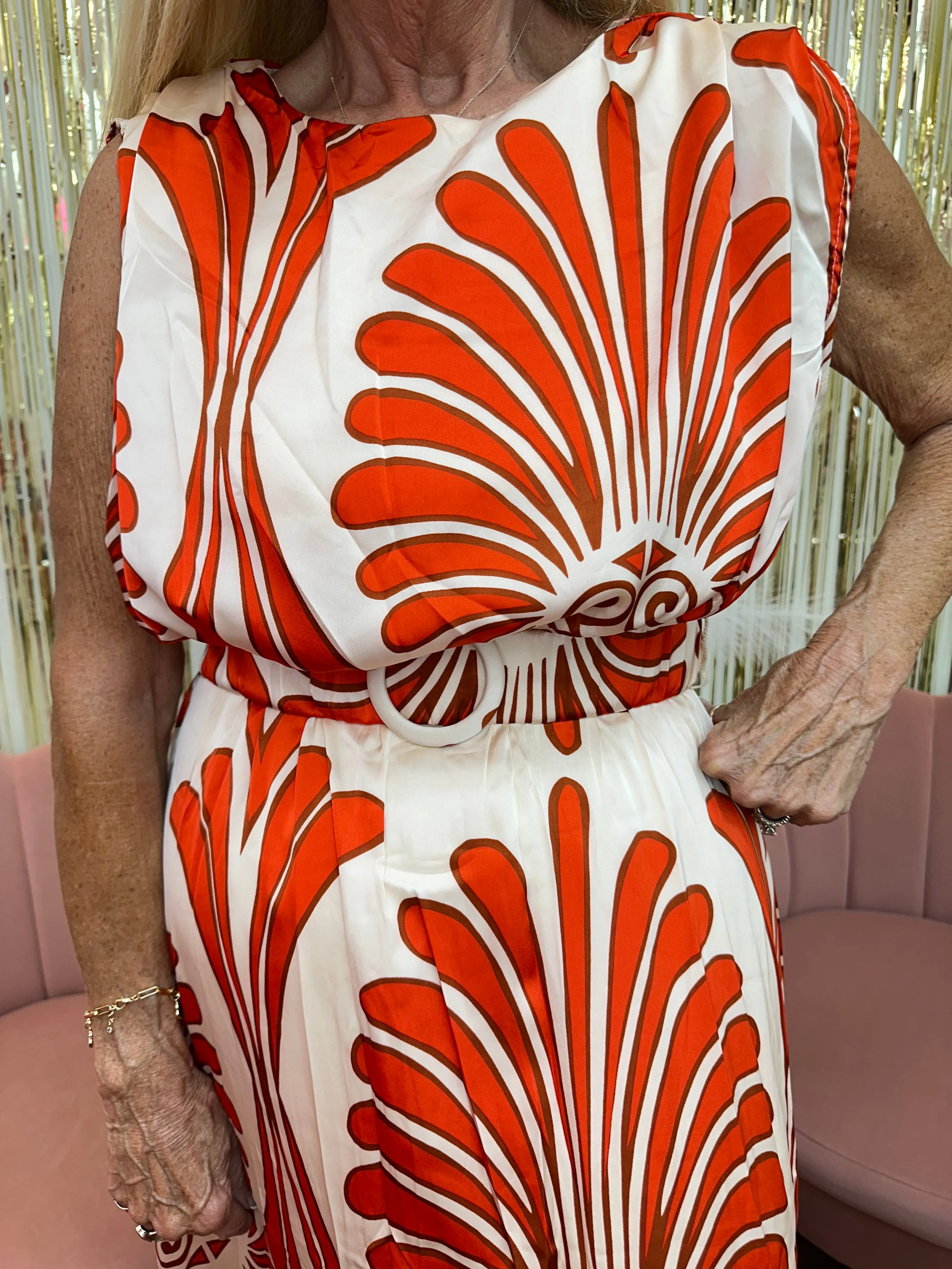 Casual Tangerine Damask Print Maxi Dress