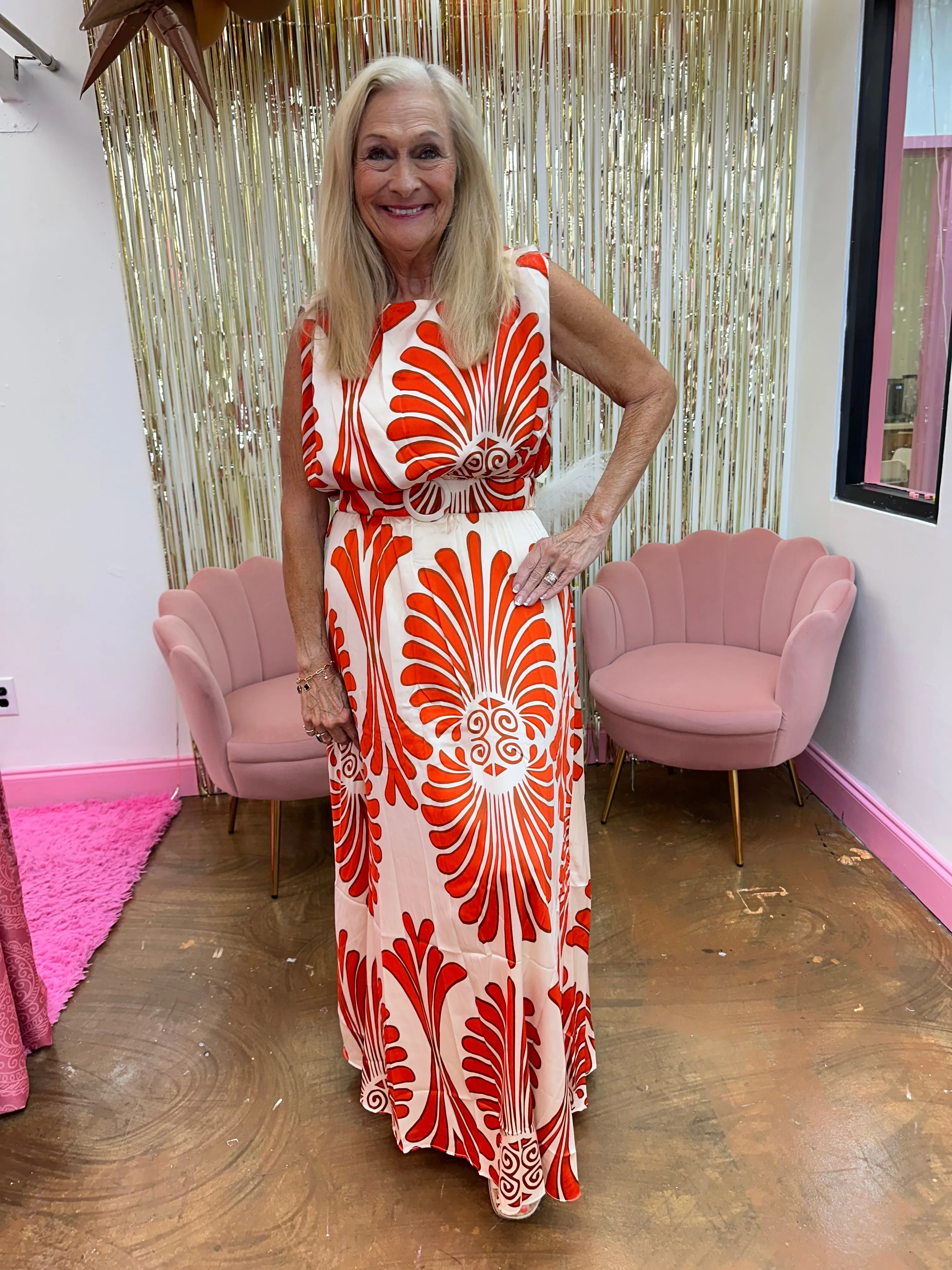 Casual Tangerine Damask Print Maxi Dress