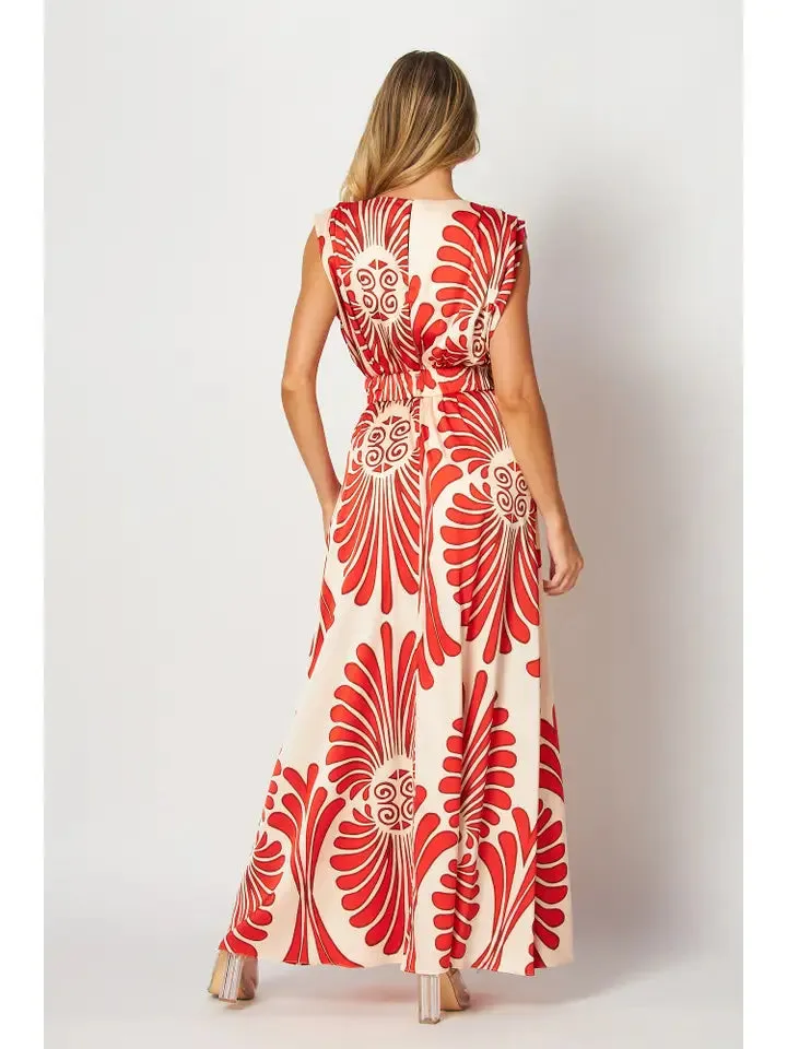 Casual Tangerine Damask Print Maxi Dress