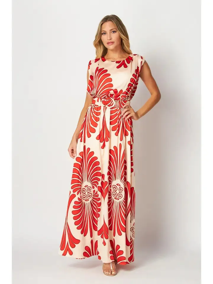 Casual Tangerine Damask Print Maxi Dress