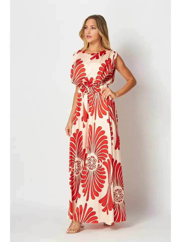 Casual Tangerine Damask Print Maxi Dress