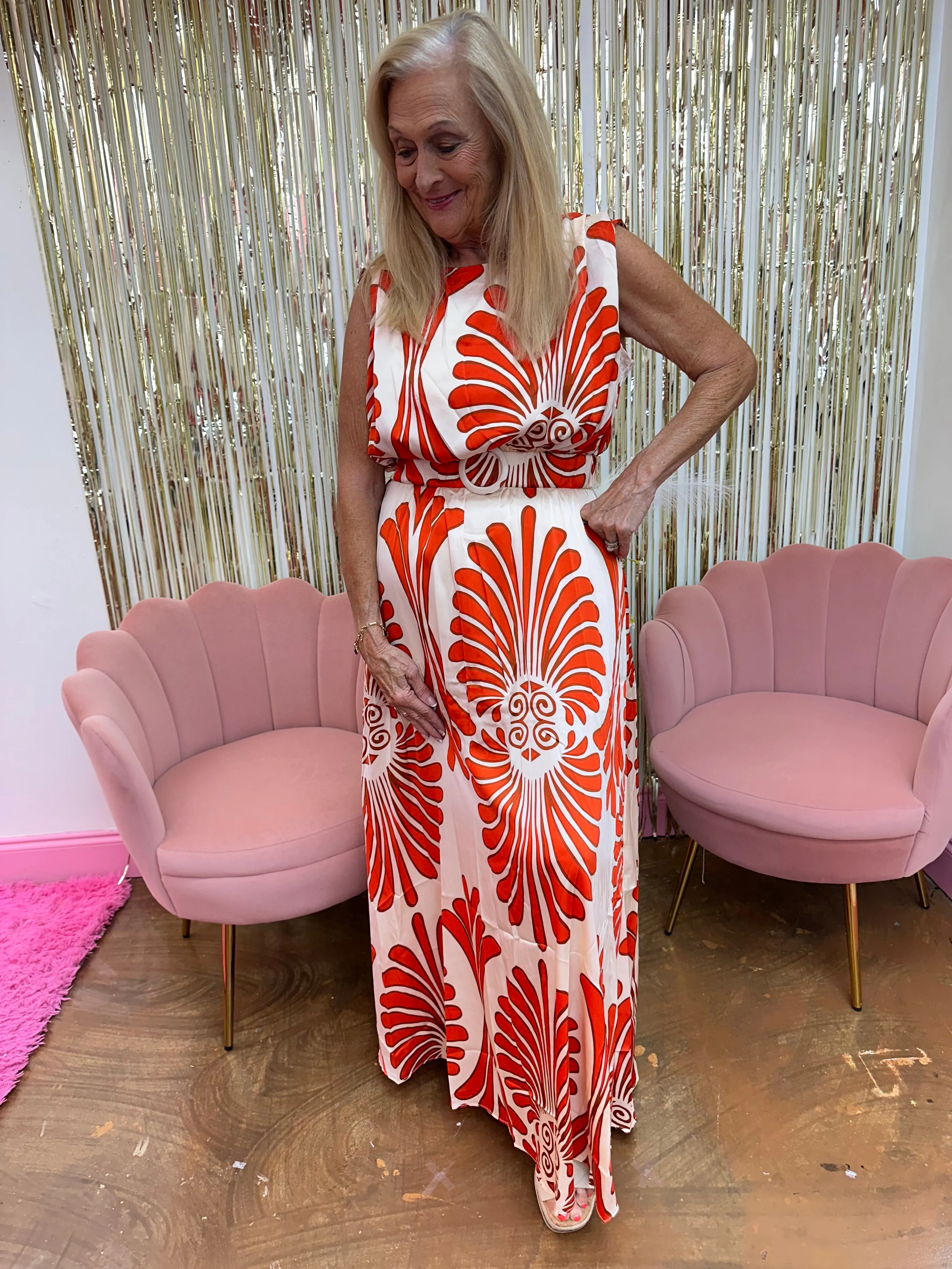 Casual Tangerine Damask Print Maxi Dress