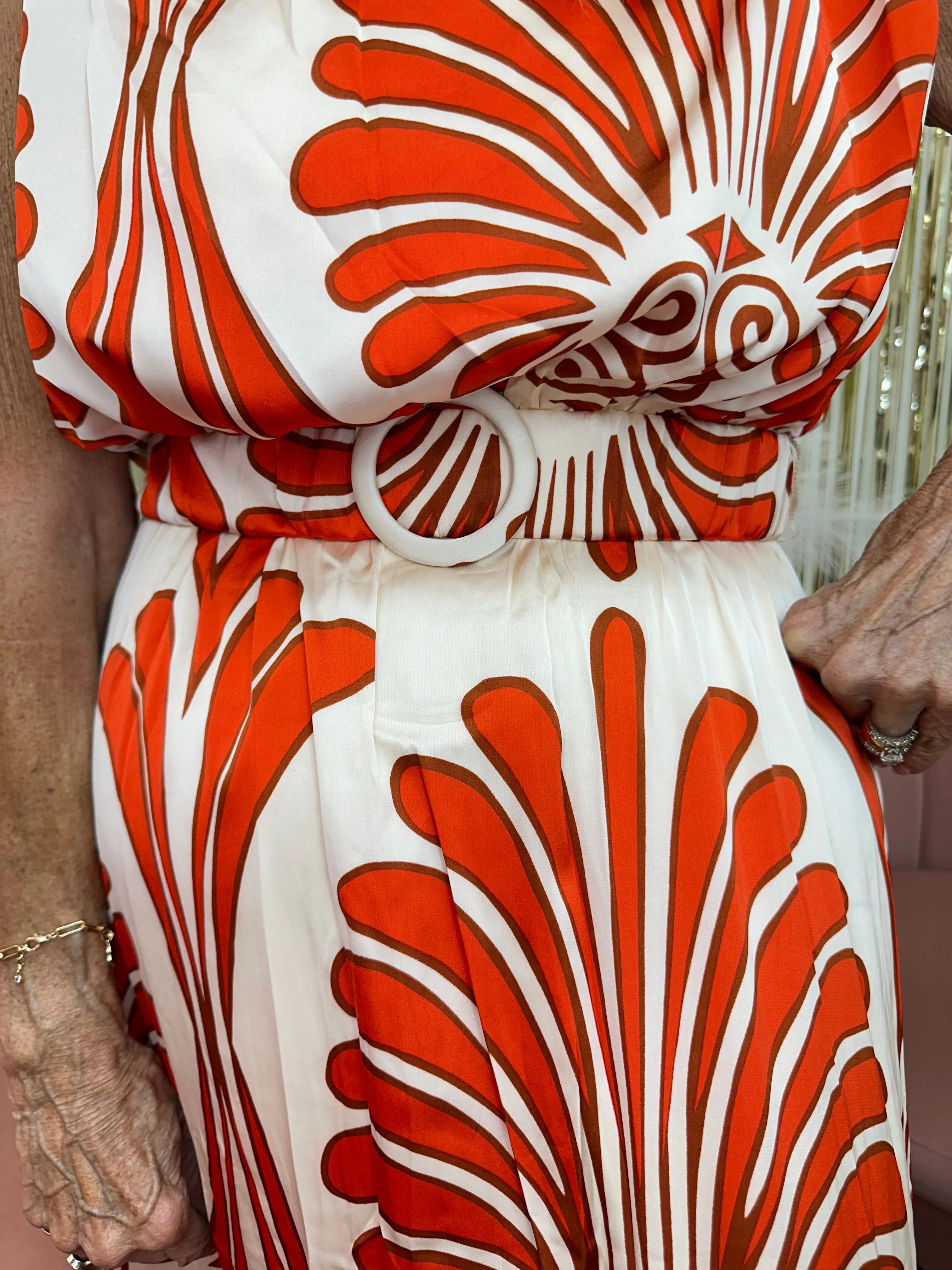 Casual Tangerine Damask Print Maxi Dress