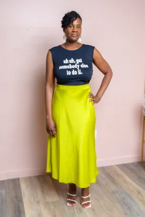 Chartreuse Satin A-Line Midi Skirt