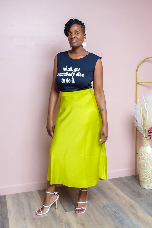 Chartreuse Satin A-Line Midi Skirt