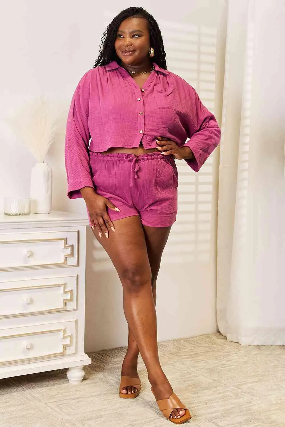 Chic and Comfortable Summer Set: Button-Up Top with Matching Shorts