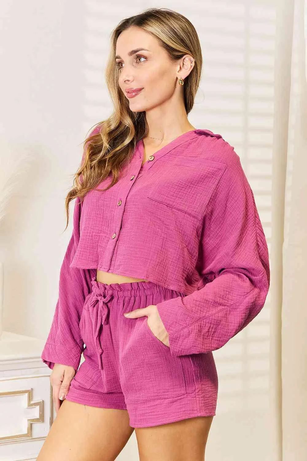 Chic and Comfortable Summer Set: Button-Up Top with Matching Shorts