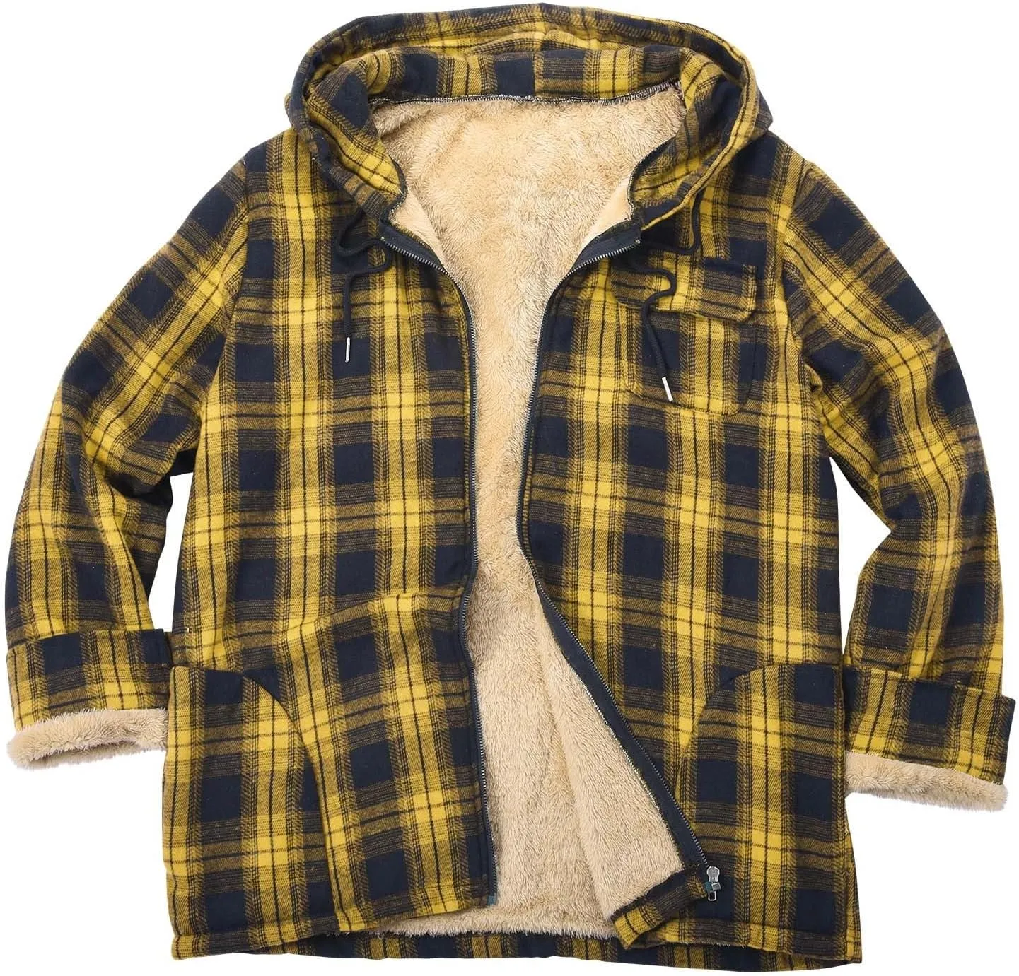 Cotton Plaid Jacket for Men Warm Winter Fleece Lined Coat Full Zip Up Hoodies Soft Thermal Coat Outwear