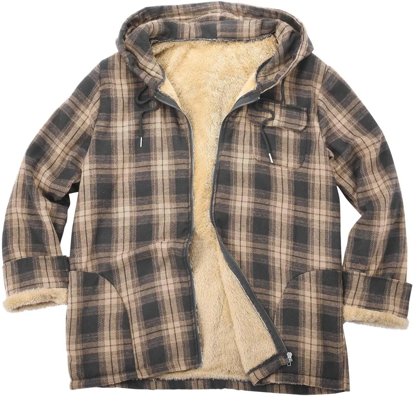 Cotton Plaid Jacket for Men Warm Winter Fleece Lined Coat Full Zip Up Hoodies Soft Thermal Coat Outwear
