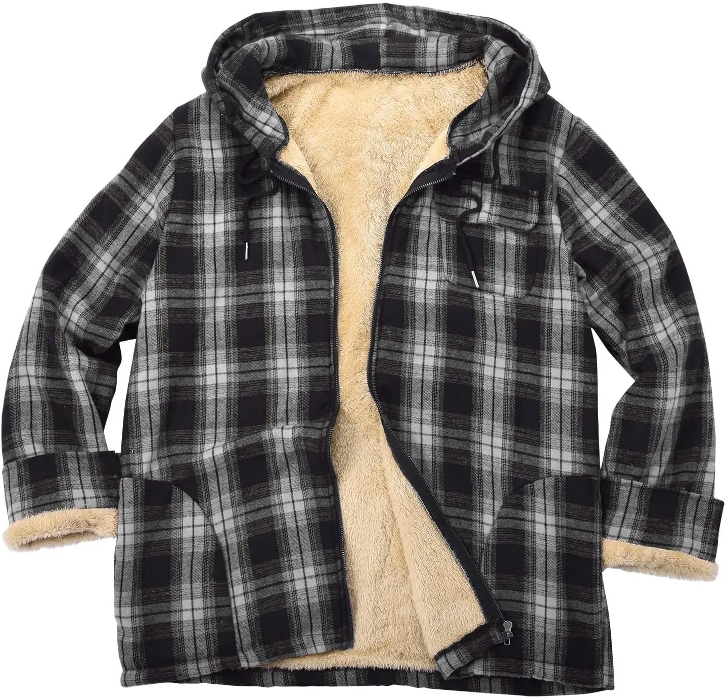 Cotton Plaid Jacket for Men Warm Winter Fleece Lined Coat Full Zip Up Hoodies Soft Thermal Coat Outwear