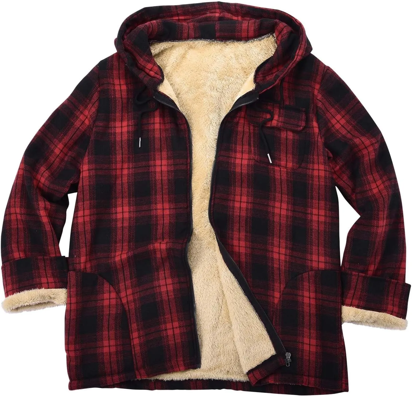 Cotton Plaid Jacket for Men Warm Winter Fleece Lined Coat Full Zip Up Hoodies Soft Thermal Coat Outwear